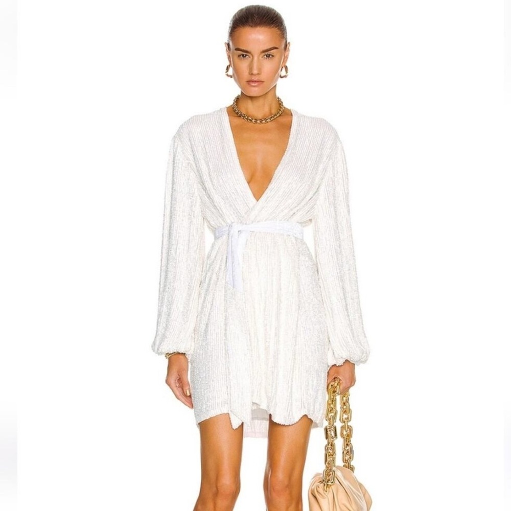 Retrofete XL White V-Neck Sequin Gabrielle Robe Dress